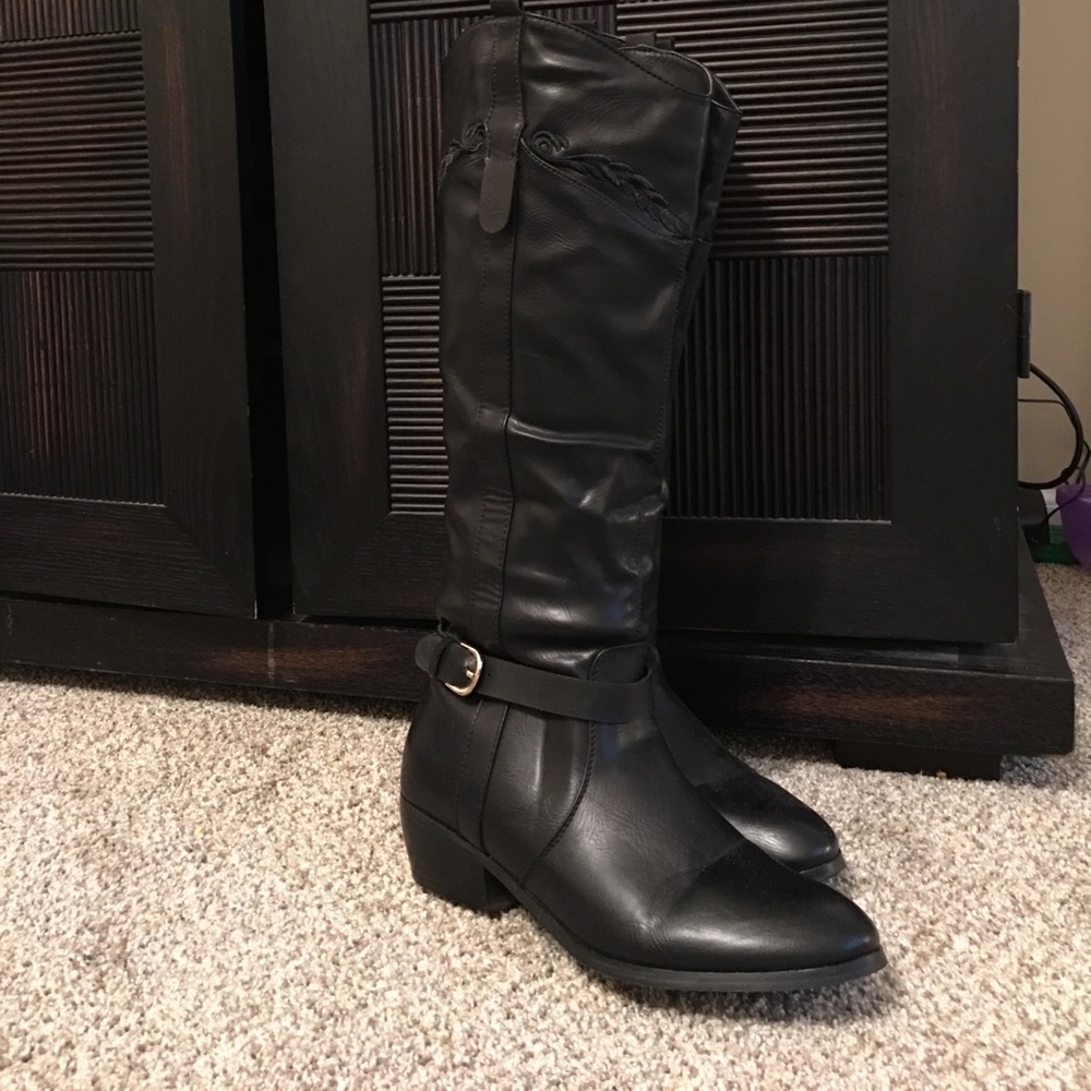 Black faux leather knee high boots